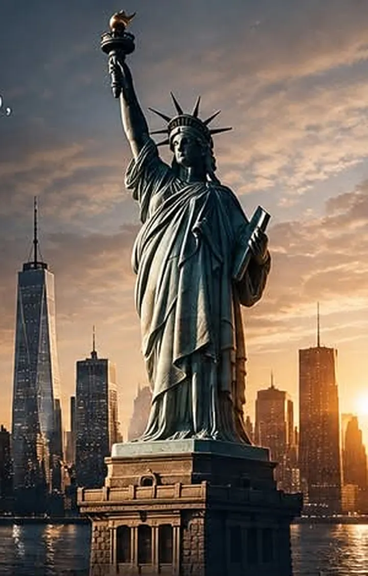 Leon & Asociados Abogados: la Estatua de la Libertad frente al perfil urbano al atardecer